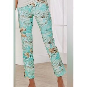 Soft Surroundings Paloma Palm Ponte‎ Tropical Print Ankle Pants Green Large